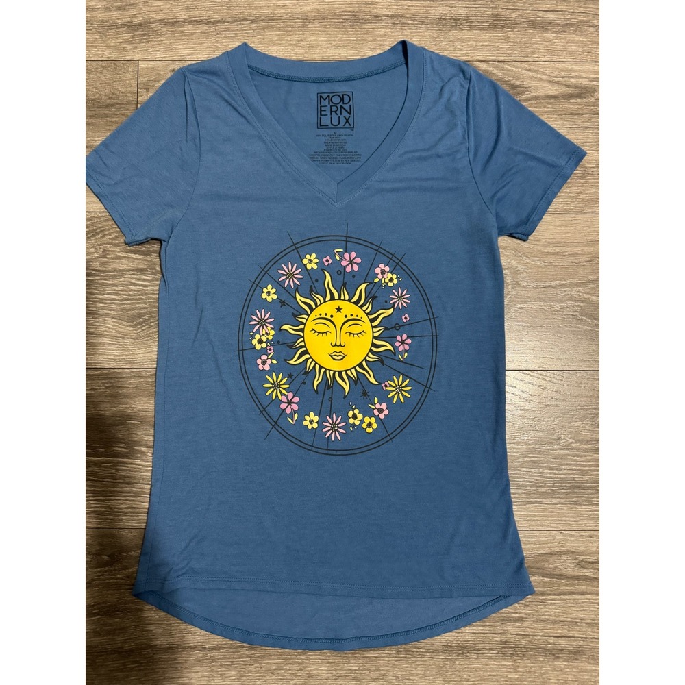 Celestial Modern Lux Womens Blue Sun Face Floral Graphic V-Neck T-Shirt Size M